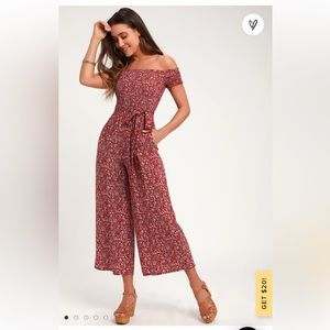 Lulus Behold Red Floral Print Off-the-Shoulder Jumpsuit
